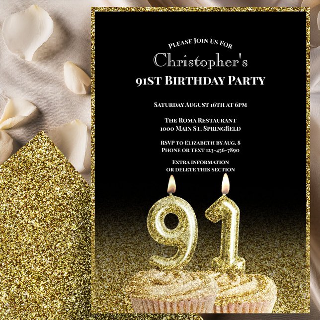Invitation d'anniversaire 91 ans noir et or pour l (Créateur téléchargé)