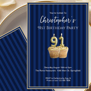 Invitation d'anniversaire 91 ans unique bleu or po
