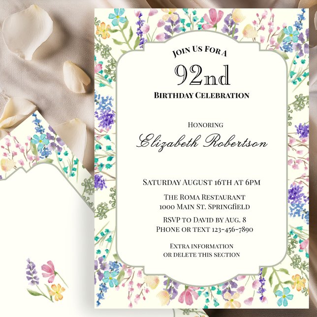 Invitation d'anniversaire 92 ans à motif floral co (Créateur téléchargé)