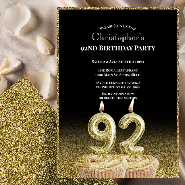 Invitation d'anniversaire 92 ans noir et or pour l (Créateur téléchargé)