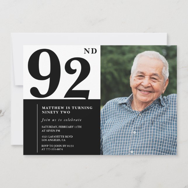 Invitation d'anniversaire 92 ans photo noir et bla (Devant)