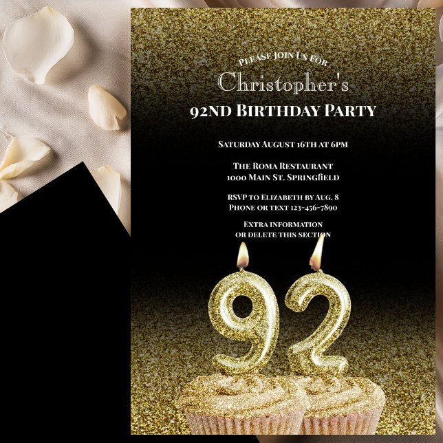 Invitation d'anniversaire 92 ans pour lui noir et  (Créateur téléchargé)