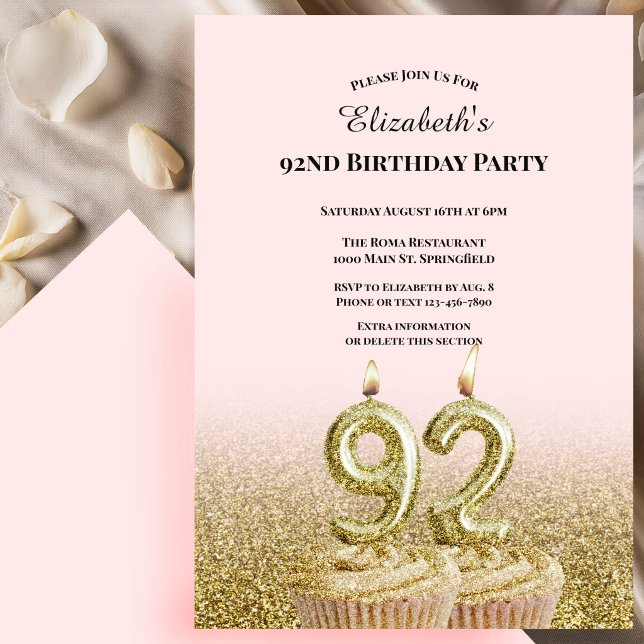 Invitation d'anniversaire 92 ans rose et or pour e (Créateur téléchargé)