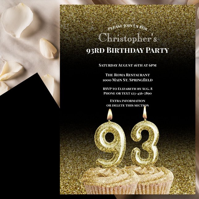 Invitation d'anniversaire 93 ans noir et or pour l (Créateur téléchargé)