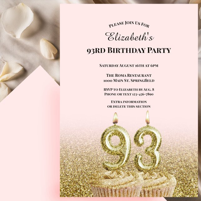 Invitation d'anniversaire 93 ans rose et or pour e (Créateur téléchargé)