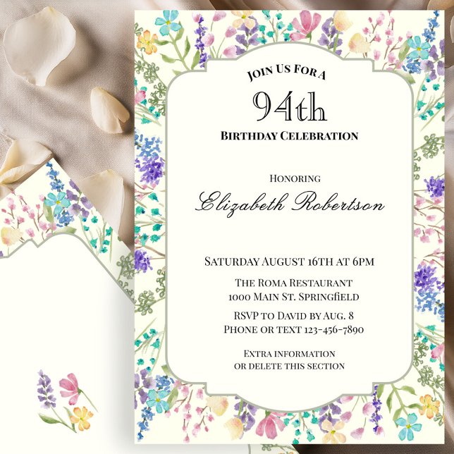 Invitation d'anniversaire 94 ans à fleurs colorées (Créateur téléchargé)