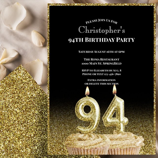 Invitation d'anniversaire 94 ans noir et or pour l (Créateur téléchargé)