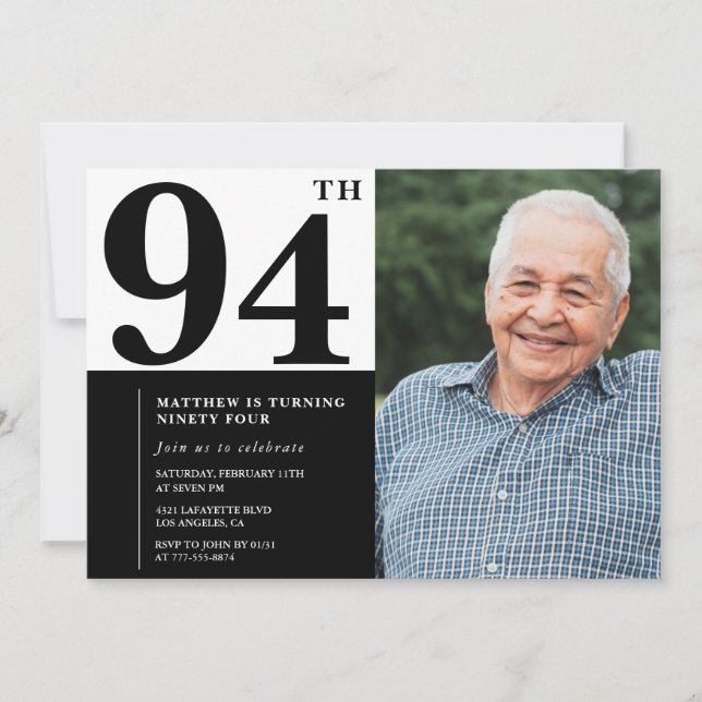 Invitation d'anniversaire 94 ans photo noir et bla (Devant)