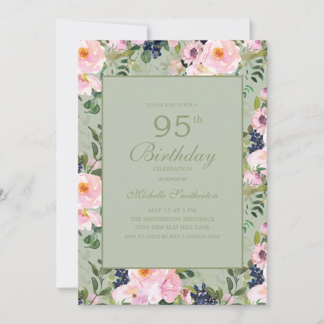 Invitation d'anniversaire 95 ans Rose Floral Vert  (Devant)