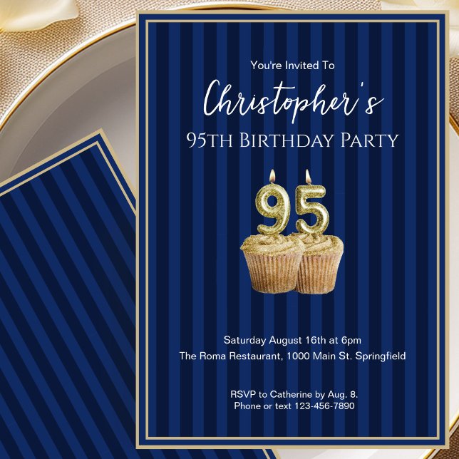 Invitation d'anniversaire 95 ans unique bleu or po (Créateur téléchargé)