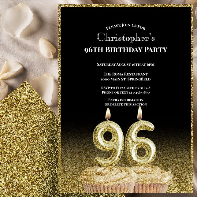 Invitation d'anniversaire 96 ans noir et or pour l (Créateur téléchargé)