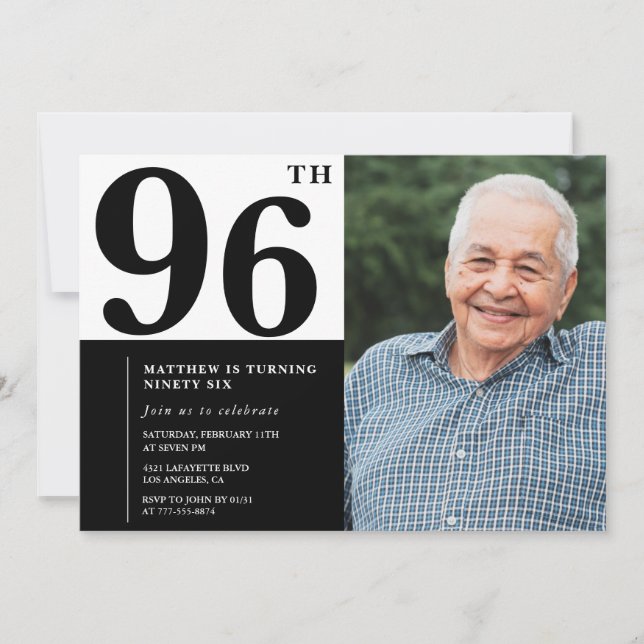 Invitation d'anniversaire 96 ans photo noir et bla (Devant)