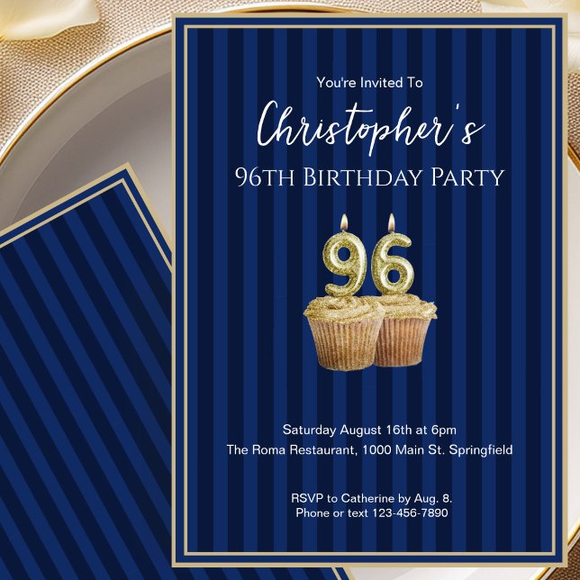 Invitation d'anniversaire 96 ans unique bleu or po (Créateur téléchargé)