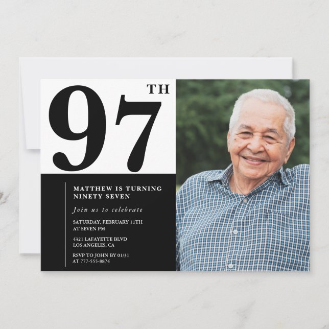 Invitation d'anniversaire 97 ans photo noir et bla (Devant)