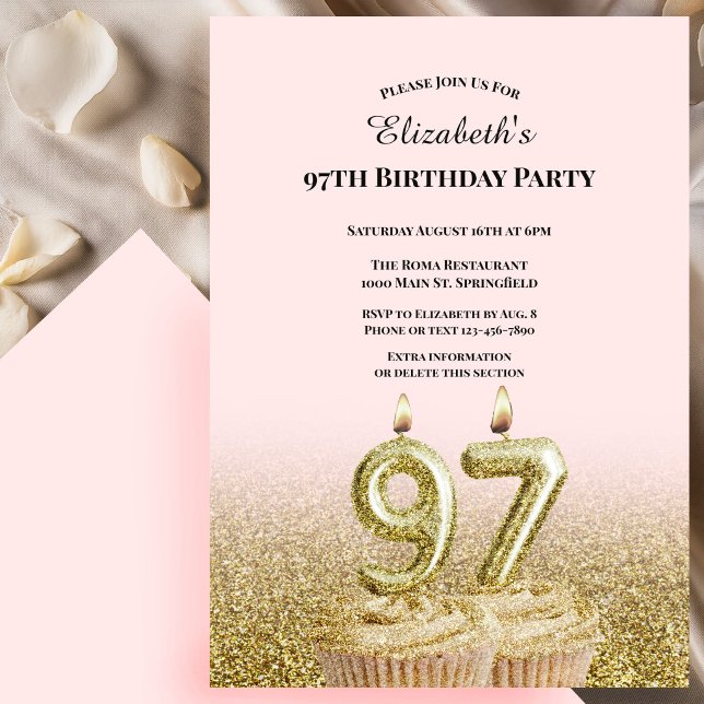 Invitation d'anniversaire 97 ans rose et or pour e (Créateur téléchargé)