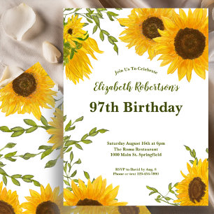 Invitation d'anniversaire 97 ans Tournesols Aquare