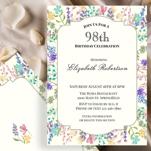 Invitation d'anniversaire 98 ans à fleurs colorées (Créateur téléchargé)