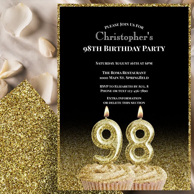Invitation d'anniversaire 98 ans noir et or pour l (Créateur téléchargé)