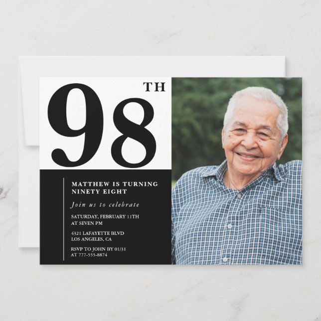 Invitation d'anniversaire 98 ans photo noir et bla (Devant)