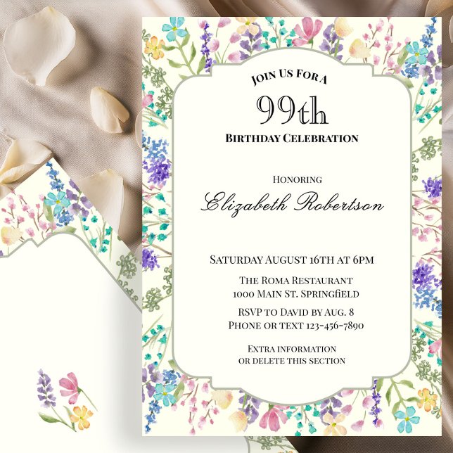 Invitation d'anniversaire 99 ans à fleurs colorées (Créateur téléchargé)
