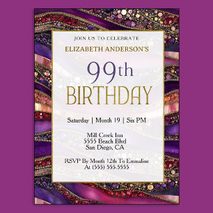 Invitation d'anniversaire 99 ans Moderne Violet Or