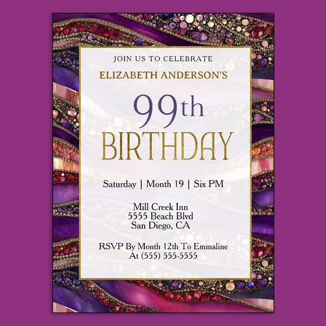 Invitation d'anniversaire 99 ans Moderne Violet Or (Luxury purple and gold 99th birthday invitation with jeweled marble design and elegant style.
)
