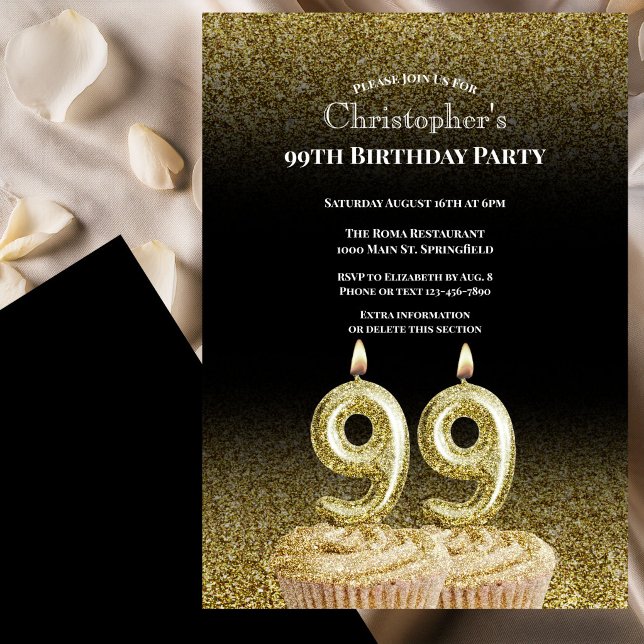 Invitation d'anniversaire 99 ans noir et or pour l (Créateur téléchargé)