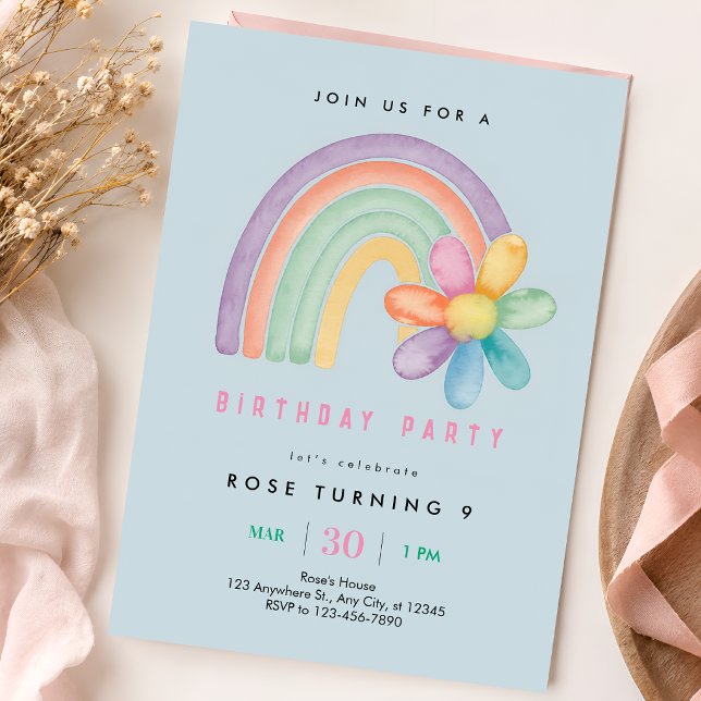 Invitation d'anniversaire 9 ans Arc-en-ciel Pastel (Créateur téléchargé)