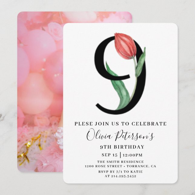 Invitation d'anniversaire 9 ans avec photo personn (Devant / Derrière)
