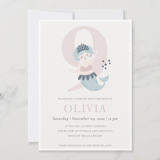 Invitation d'anniversaire 9 ans de petite sirène r (Devant)