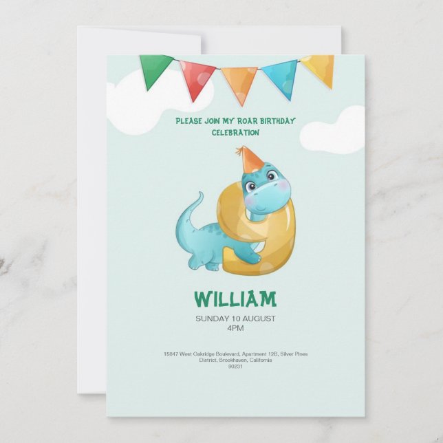 Invitation d'anniversaire 9 ans dinosaure TREX (Devant)