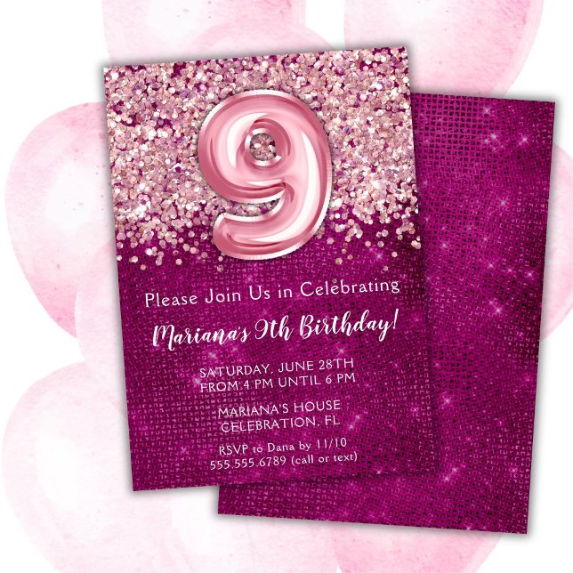 Invitation d'anniversaire 9 ans fille rose magenta (Créateur téléchargé)