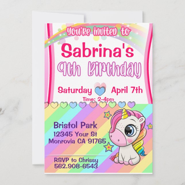 Invitation d'anniversaire 9 ans licorne pour fille (Devant)