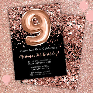 Invitation d'anniversaire 9 ans Noir Rose Or Paill
