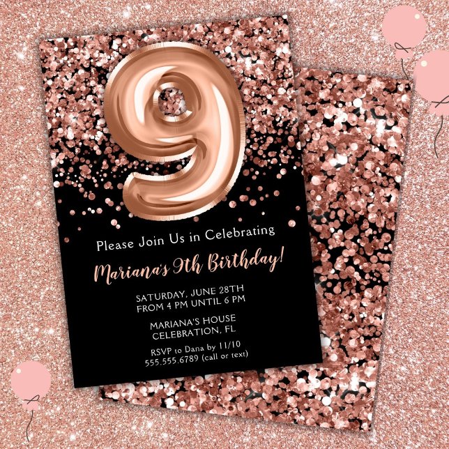 Invitation d'anniversaire 9 ans Noir Rose Or Paill (Créateur téléchargé)