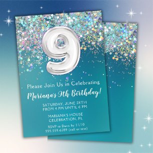 Invitation d'anniversaire 9 ans Paillettes Turquoi