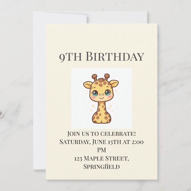 Invitation d'anniversaire 9 ans pour un bébé giraf (Devant)