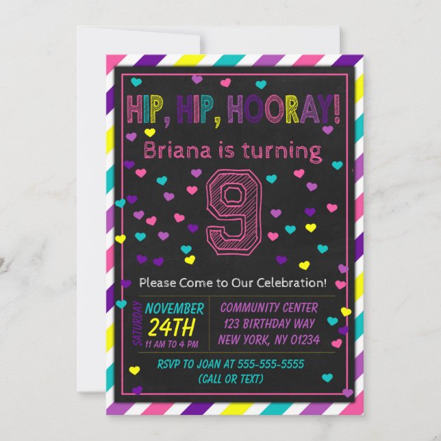 Invitation d'anniversaire 9 ans pour une fête d'an (Devant)
