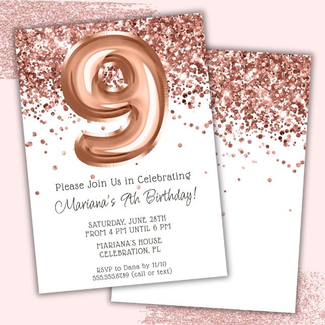 Invitation d'anniversaire 9 ans Rose Gold (Créateur téléchargé)