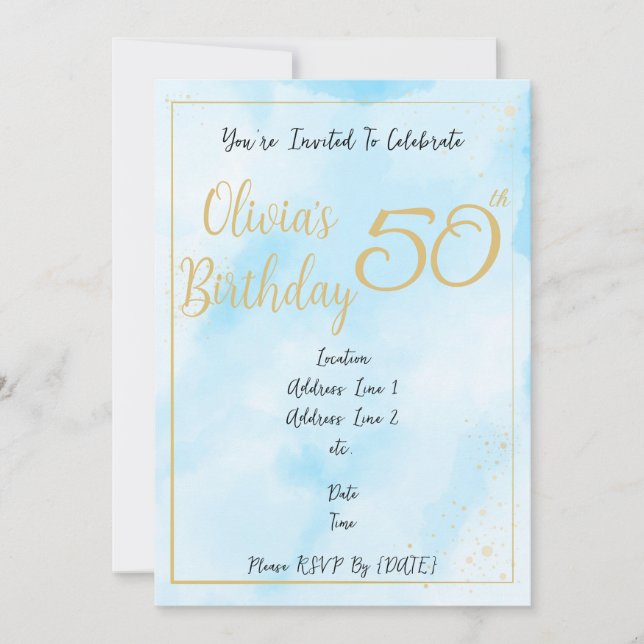 Invitation d'anniversaire à bordure dorée et aquar (Devant)
