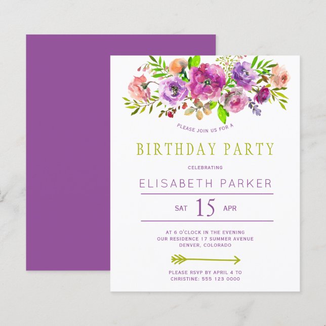 Invitation d'anniversaire à budget floral rustique (Devant / Derrière)