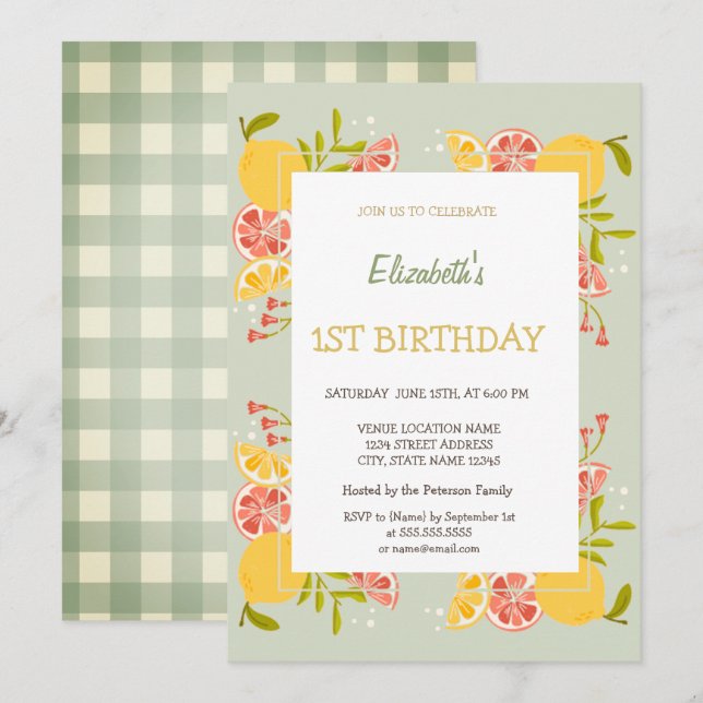Invitation d'anniversaire à carreaux de citrons à  (Devant / Derrière)
