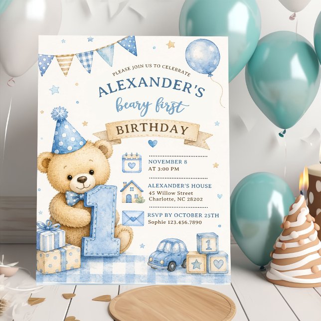 Invitation d'anniversaire à carreaux Ourson au rub (Créateur téléchargé)