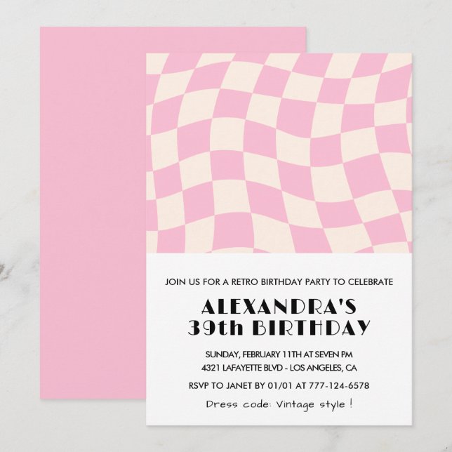 Invitation d'anniversaire à carreaux rose vintage  (Devant / Derrière)