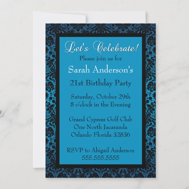 Invitation d'anniversaire à Damas en métal bleu (Devant)