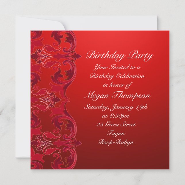 Invitation d'anniversaire à damas en spirale rouge (Devant)
