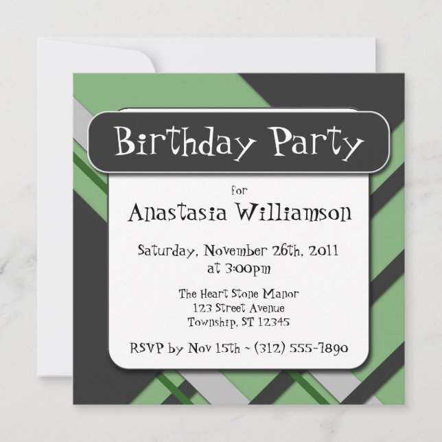 Invitation d'anniversaire à demi-plaid vert modern (Devant)