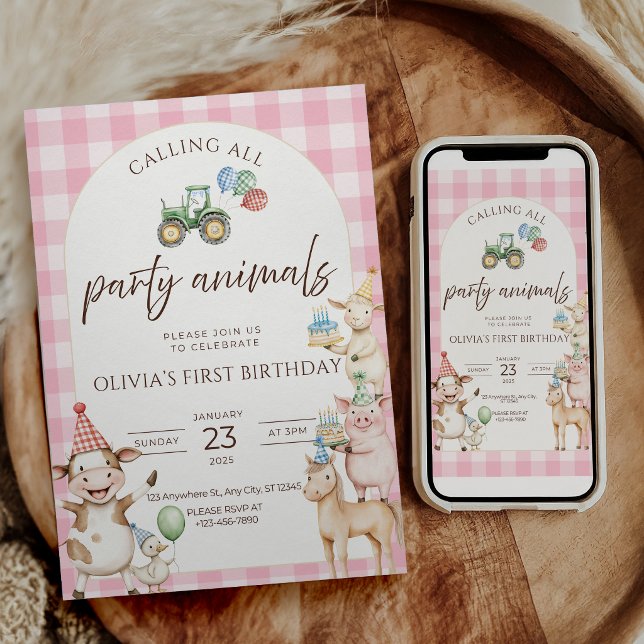 Invitation d'anniversaire à la ferme pour les anim (Pink Barnyard farm animal birthday invitation)