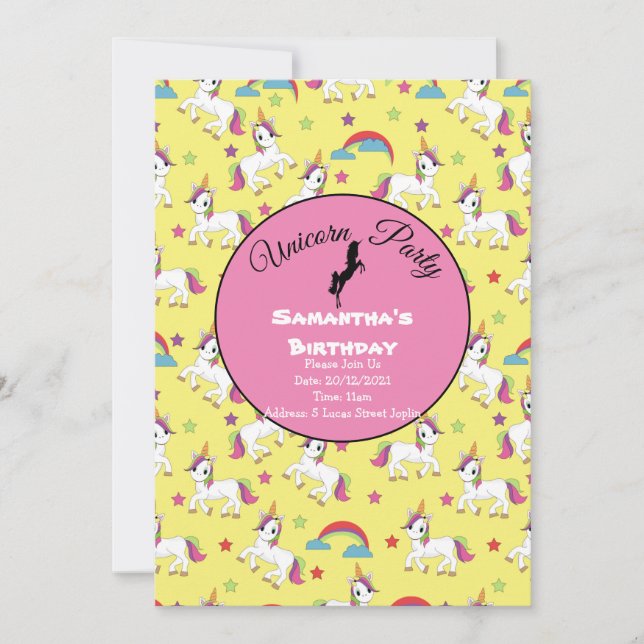 Invitation d'anniversaire à la fête Licorne Arc-en (Devant)