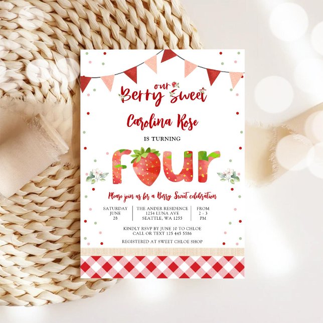Invitation d'anniversaire à la fraise douce Berry  (Créateur téléchargé)